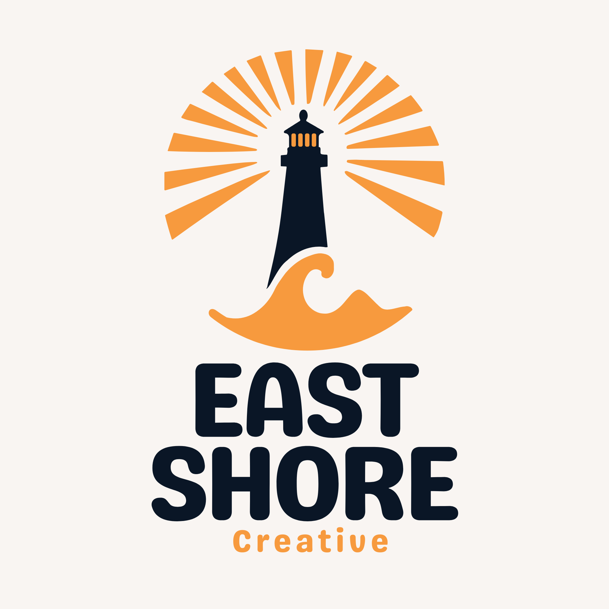 East Shore Creative stacked lighthouse and sunrise logo