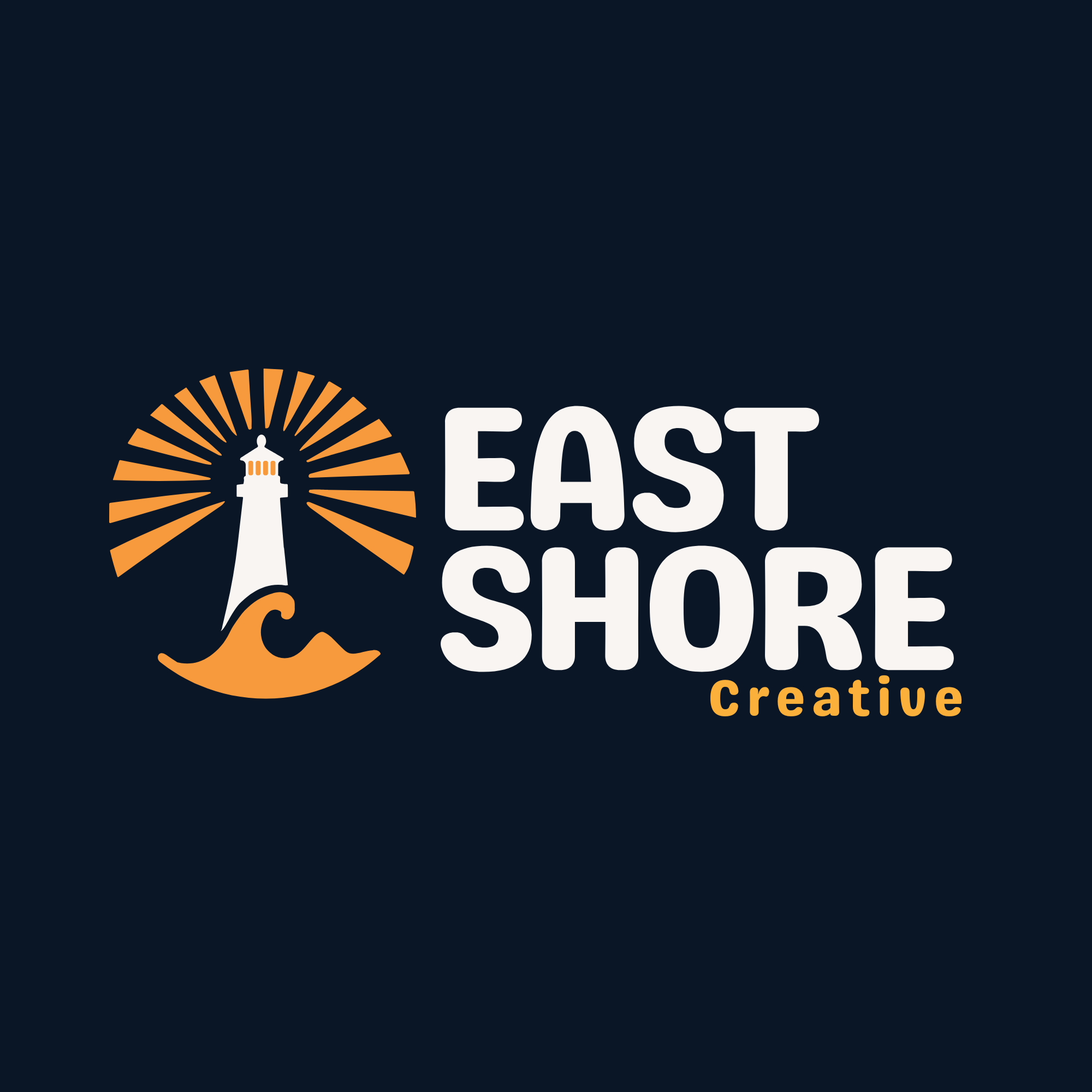 East Shore Creative horizontal lighthouse and sunrise logo